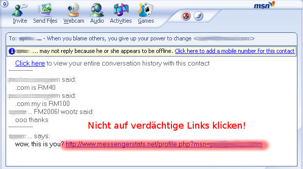 MSN-Virus: Beispiel eines verdächtigen Links