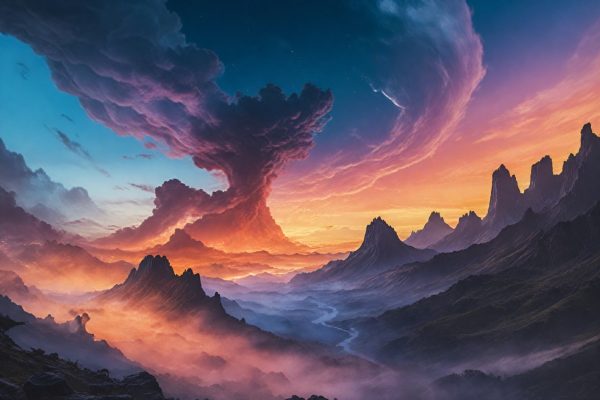 Cooles Hintergrundbild: Mystische Landschaft mit Bergen und Wolken
